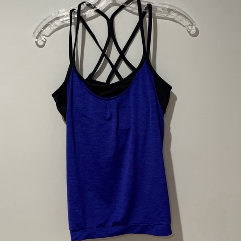 Athleta Blue Activewear Top with Black Strappy Sports Bra